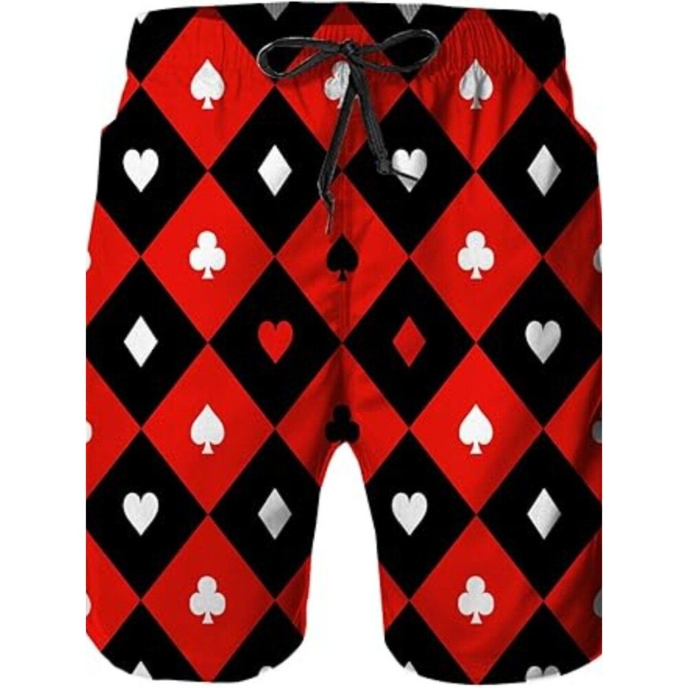 Mens Swim Trunks with Mesh Lining,Card Suits Red Black White Chess Quick Dry M